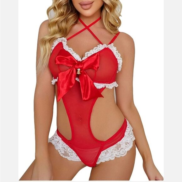 Christmas Bodysuit for Women One Piece Teddy Lingerie with Cute Bow and Bells US - Picture 9 of 9